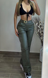 long women's pants in leather-like fabric